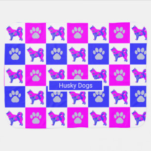 Husky Siberian Dog & Paw Blue & Hot Pink Baby Blanket