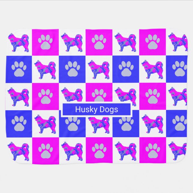 Husky Siberian Dog & Paw Blue & Hot Pink Baby Blanket (Horizontal)