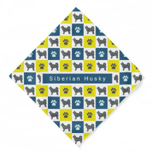 Husky Siberian Dog & Paw Yellow & Blue Grid Bandana