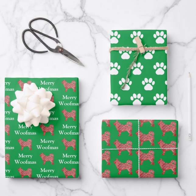 Husky Siberian Dog Silhouette Green Woofmas Wrapping Paper Sheets (Front)