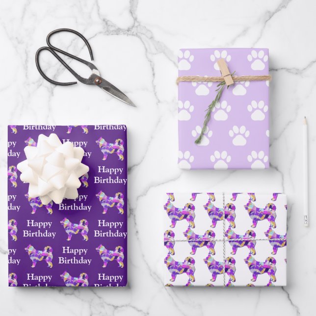 Husky Siberian Dog Silhouette Purple 3 Different Wrapping Paper Sheets (Front)