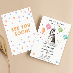 Husky Sibir Dog Pawty Puppy Birthday Pink Invitation