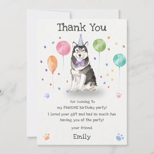 Husky Sibir Puppy Dog Birthday Thank You Card (Front)
