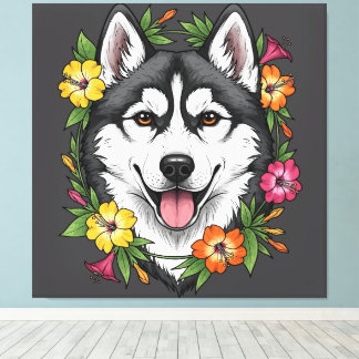 Husky Sled Dog And Colorful Mirablis Flowers Canvas Print