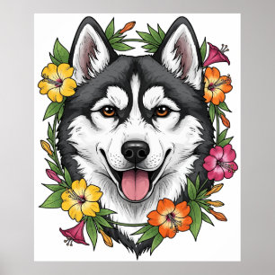 Husky Sled Dog And Colorful Mirablis Flowers Poster