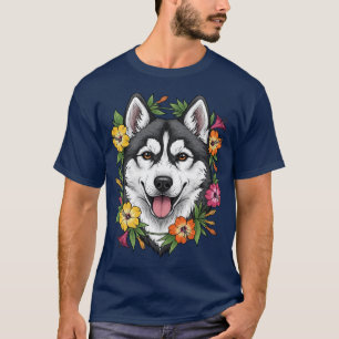 Husky Sled Dog And Colorful Mirablis Flowers T-Shirt