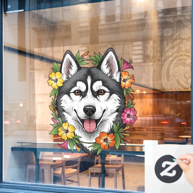 Husky Sled Dog And Colorful Mirablis Flowers Window Cling (Cafe Window)
