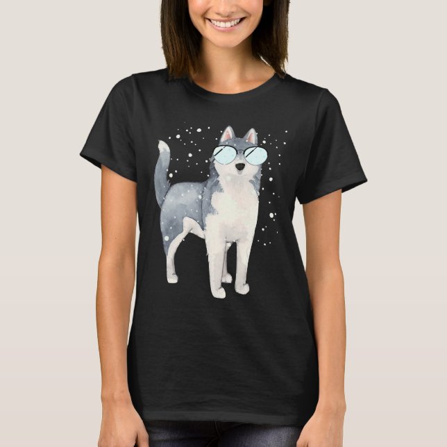 Husky Sled Dog With Windshield Wiper Glasses T-Shirt (Front)
