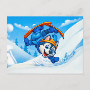 Husky Spinning on Skis on a Snowy Slope Postcard