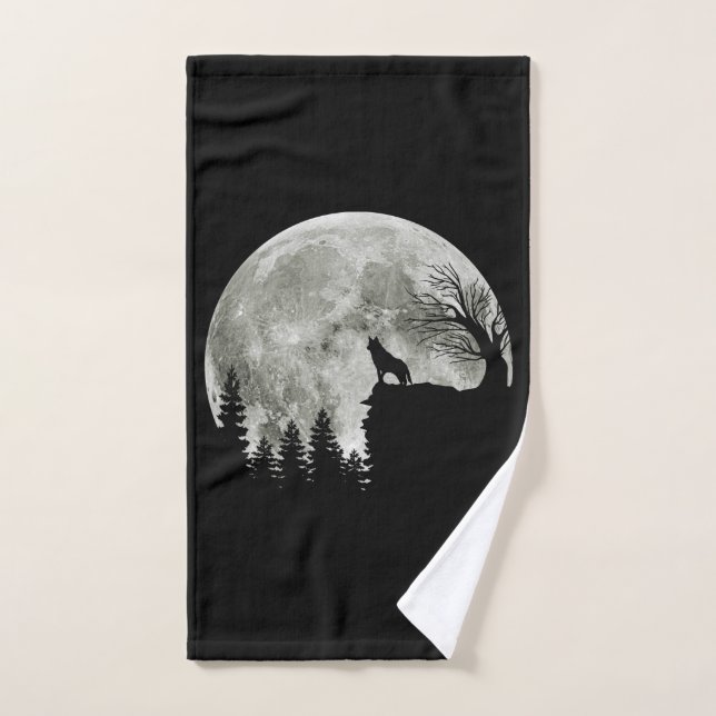 Husky Stand On Mountain Spooky Halloween Moon Bath Towel Set (Hand Towel)