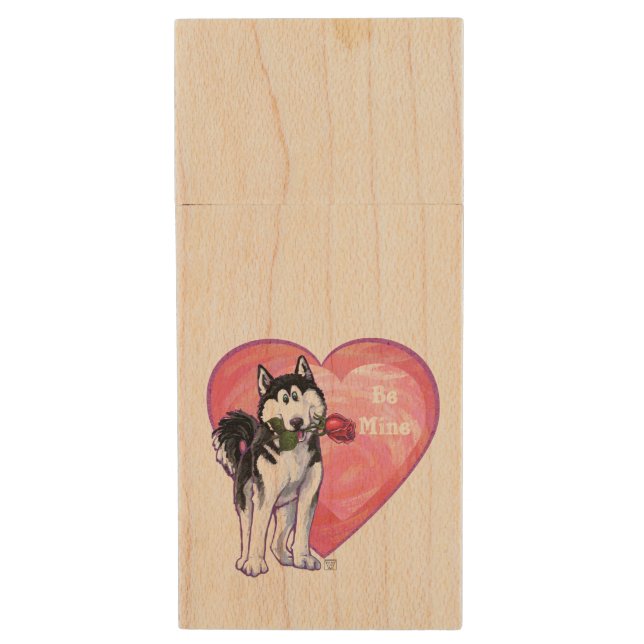 Husky Valentine's Day Wood USB Flash Drive (Front Vertical)