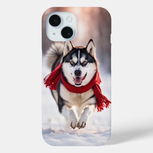 Husky Wearing A Red Winter Scarf iPhone 15 Case