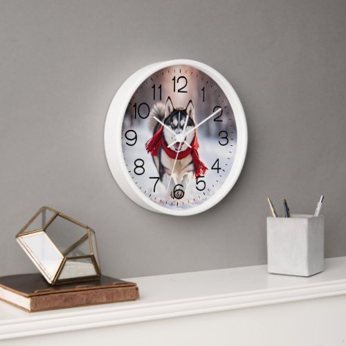 Husky Wearing A Red Winter Scarf Clock