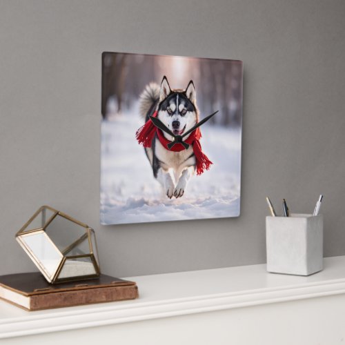 Husky Wearing A Red Winter Scarf Square Wall Clock