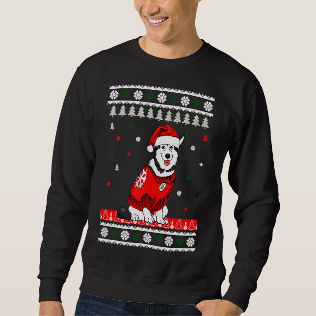 Husky Wearing Santa Hat Tree Sweatshirt (Front)