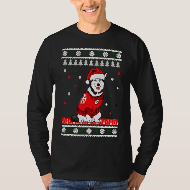 Husky Wearing Santa Hat Tree T-Shirt (Front)