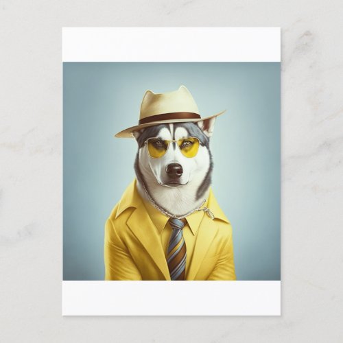 Husky Wearing Yellow Suit Hat Sunglasses Postcard
