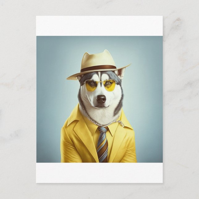 Husky Wearing Yellow Suit, Hat, Sunglasses Postcard (Front)