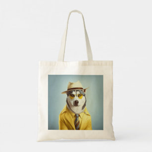 Husky Wearing Yellow Suit, Hat, Sunglasses Tote Bag