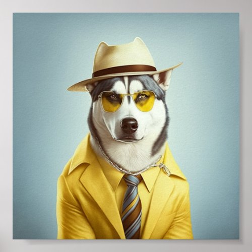 Husky wearing yellow suit poster