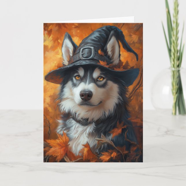 Husky Witch Halloween Holiday Card (Front)