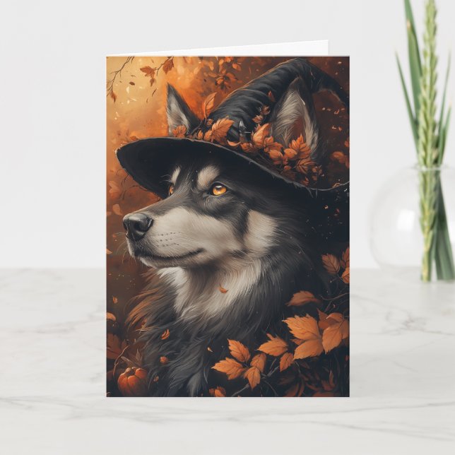 Husky Witch Halloween Holiday Card (Front)