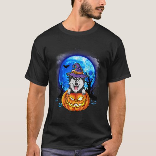Husky Witch Hat Pumpkin Scary Halloween Dog Lovers T_Shirt