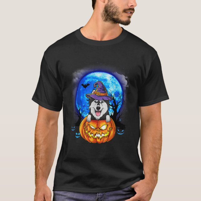 Husky Witch Hat Pumpkin Scary Halloween Dog Lovers T-Shirt (Front)