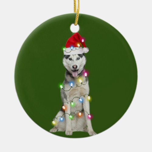 husky With Christmas Scafts Santa Hat Gift Ceramic Ornament