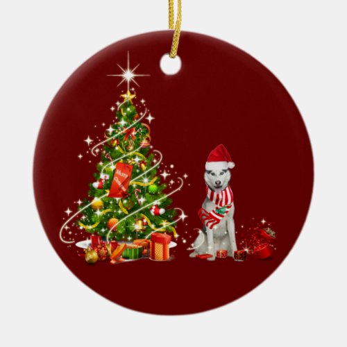 husky With Hat Scaft Christmas Ceramic Ornament