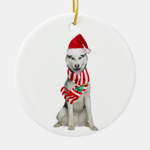 Husky With Hat Scaft Christmas Ceramic Ornament