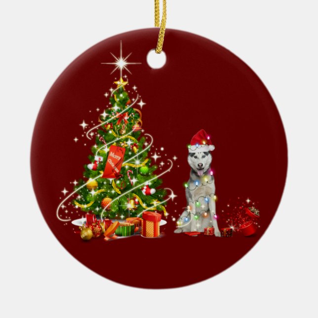 Husky With Hat Scaft Christmas Ceramic Ornament (Front)