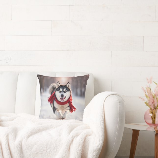 Husky With Red Scarf Throw Pillow (Couch)