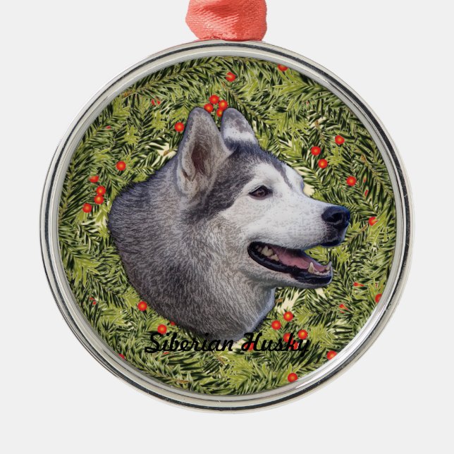 Husky Wreath Metal Ornament (Front)