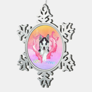 Huskywelpe with heart pink bitch love forever snowflake pewter christmas ornament