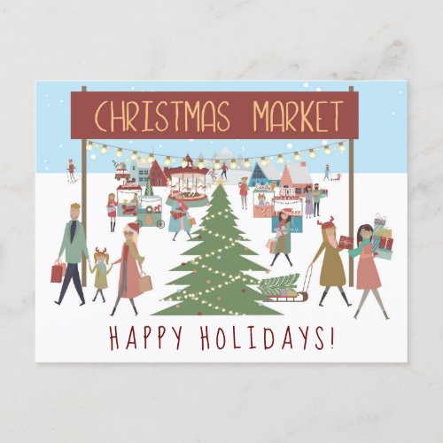 Hustle and Bustle of Christmas Market Scene Holiday Postcard