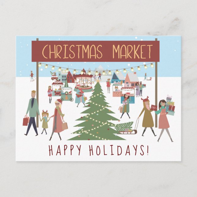 Hustle and Bustle of Christmas Market Scene Holiday Postcard (Front)