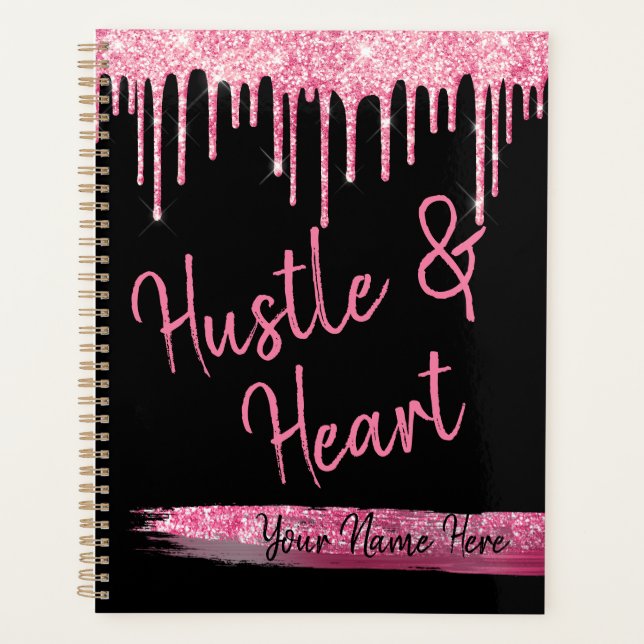 Hustle and Heart Black and Pink Glitter Girl Boss Planner (Front)