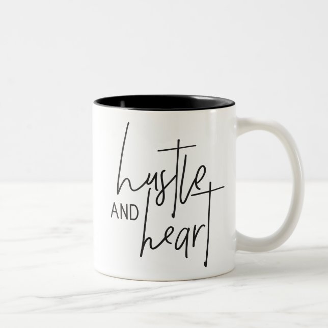 HUSTLE AND HEART modern chic hand lettered black Two-Tone Coffee Mug (Right)
