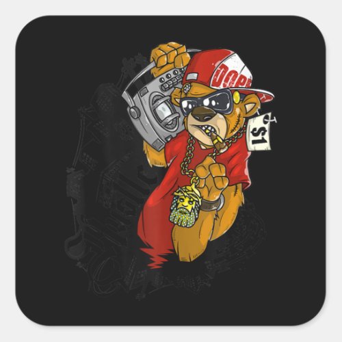 Hustle Hard Hip Hop Teddy Bear Gangster Rap Square Sticker