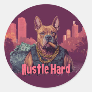 Hustle Hard - Pitbull Dog with Money and Cigar Classic Round Sticker
