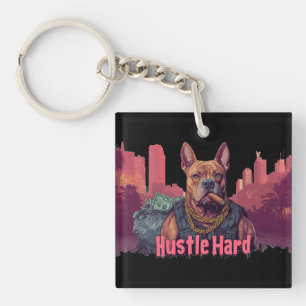 Hustle Hard - Pitbull Dog with Money and Cigar Keychain
