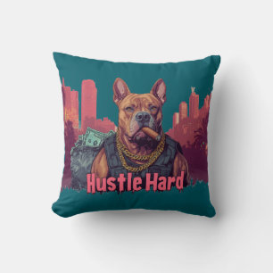 Hustle Hard - Pitbull Dog with Money and Cigar Throw Pillow