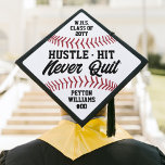 Hustle Hit Never Quit Baseball Inspirational Quote Graduation Cap Topper<br><div class="desc">Add a stylish personalized touch to a baseball player's commencement ceremony with a custom sports themed graduation cap topper. All wording on this template is simple to customize or delete, including inspirational saying that reads "Hustle Hit Never Quit." The red, white and black design features faux baseball stitching, modern script...</div>