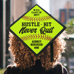 Hustle Hit Never Quit Softball Inspirational Quote Graduation Cap Topper<br><div class="desc">Add a stylish personalized touch to a softball player's commencement ceremony with a custom sports themed graduation cap topper. All wording on this template is simple to customize or delete, including inspirational saying that reads "Hustle Hit Never Quit." The yellow, black and red design features faux softball stitching, modern script...</div>