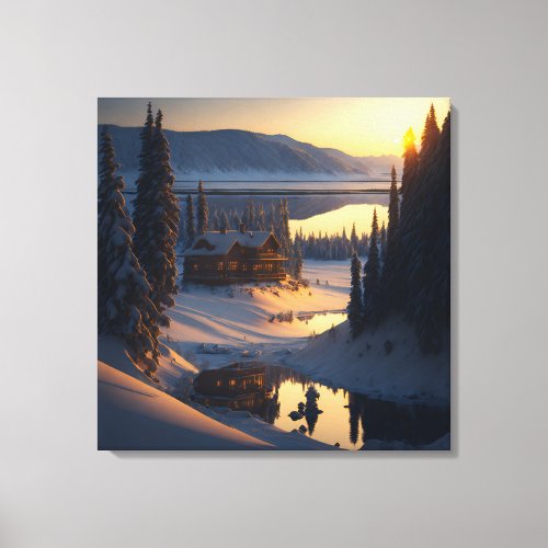 Hut in the snow 3D render Canvas Print