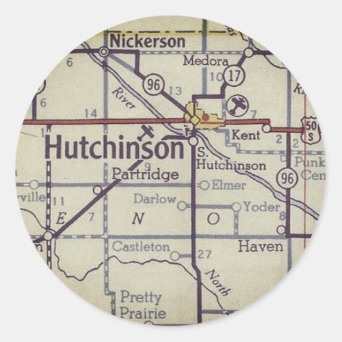 Hutchinson Kansas Vintage Map Classic Round Sticker