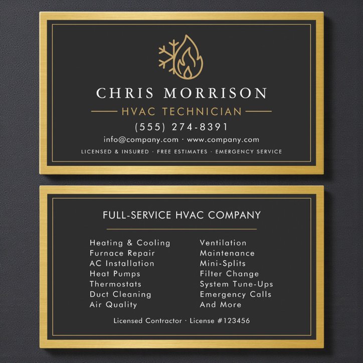 Hvac Heating Cooling Technician Gold Metallic Business Card