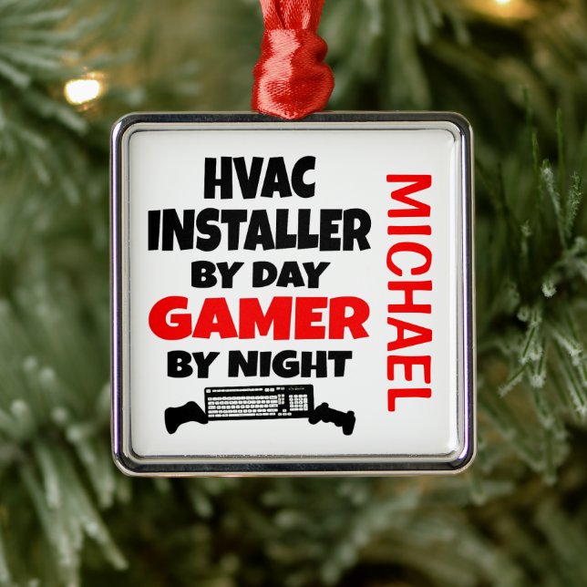 HVAC Installer Loves Playing Video Games CUSTOM Metal Ornament (Tree)
