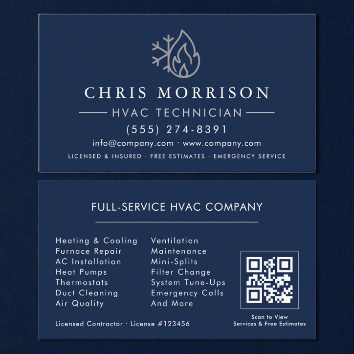Hvac Navy Blue Silver QR Code Business Card